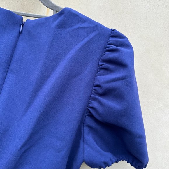 Likely Malta Bodycon Mini Dress Blue Asymmetric Ruffle Skirt Puff Sleeves Sz 6 - Picture 9 of 9